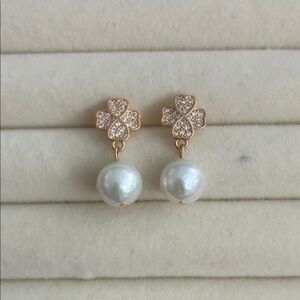Gold Clover Pearl Drop Earrings | CZ Floral Studs | Feminine Elegant Jewelry